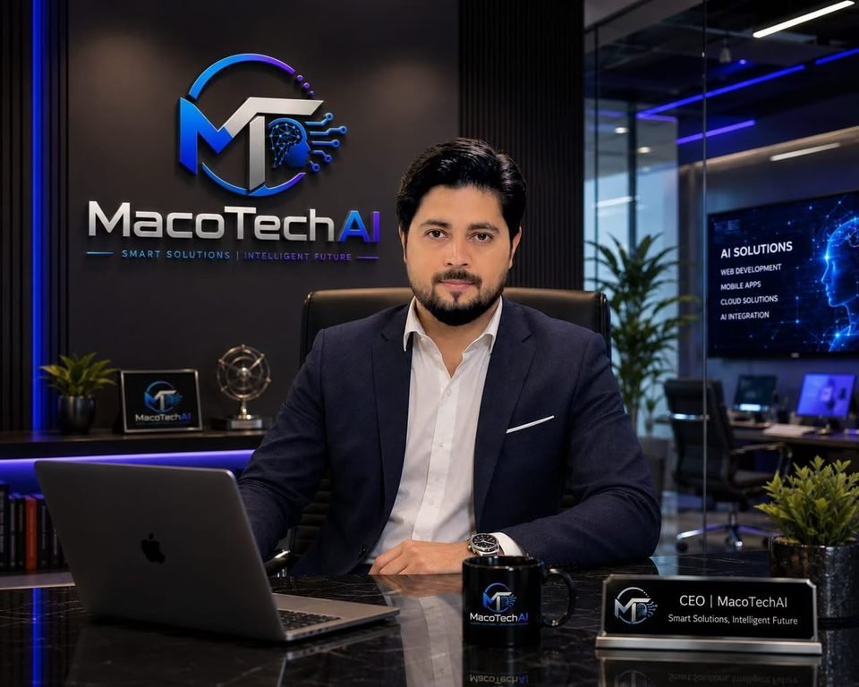 CEO of MacoTechAI at his desk in the company office